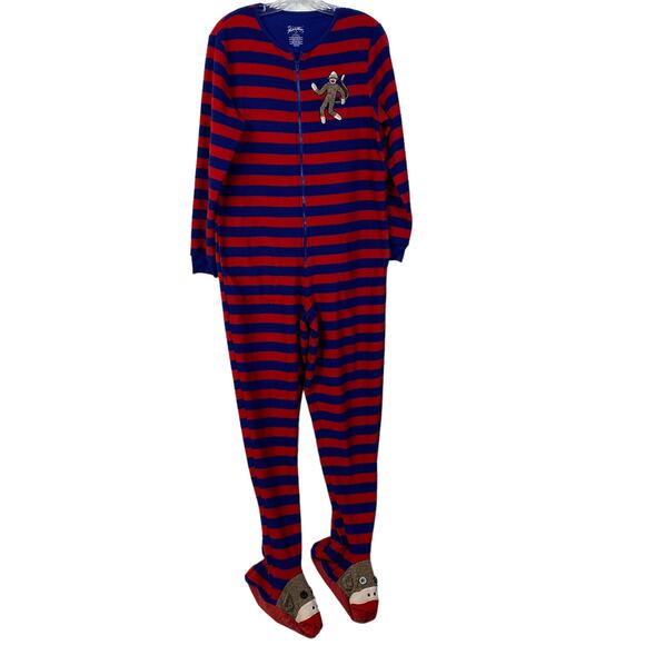 Adult NICK & NORA Sz S Sock Monkey One-Piece Pajamas Red Blue Stripe Fleece - Picture 1 of 11